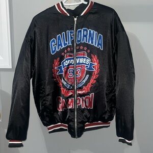 Women’s Medium Black Satin Embroidered Bomber Jacket